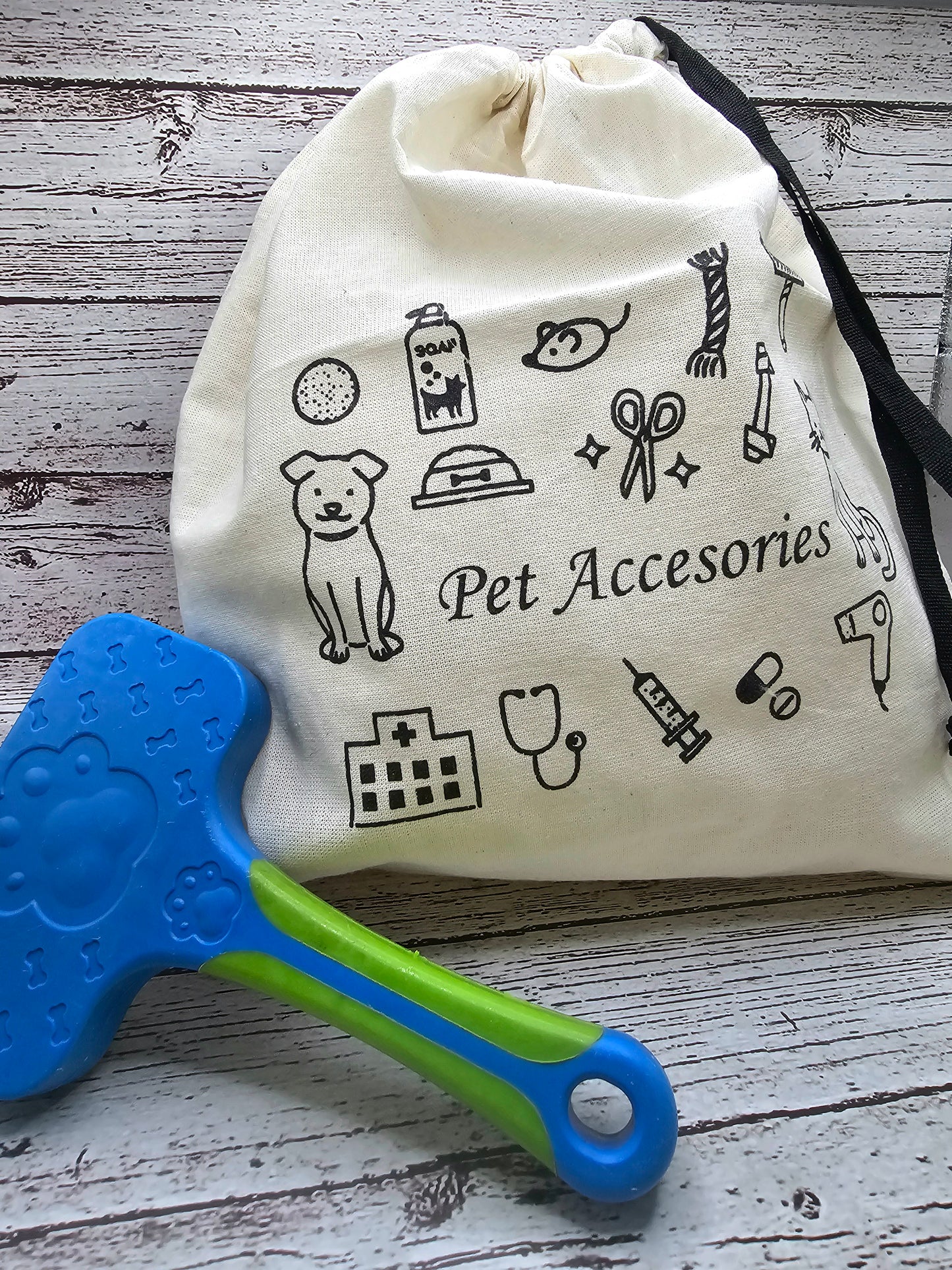 A cotton pet accessory bag ready to keep all your pet toys