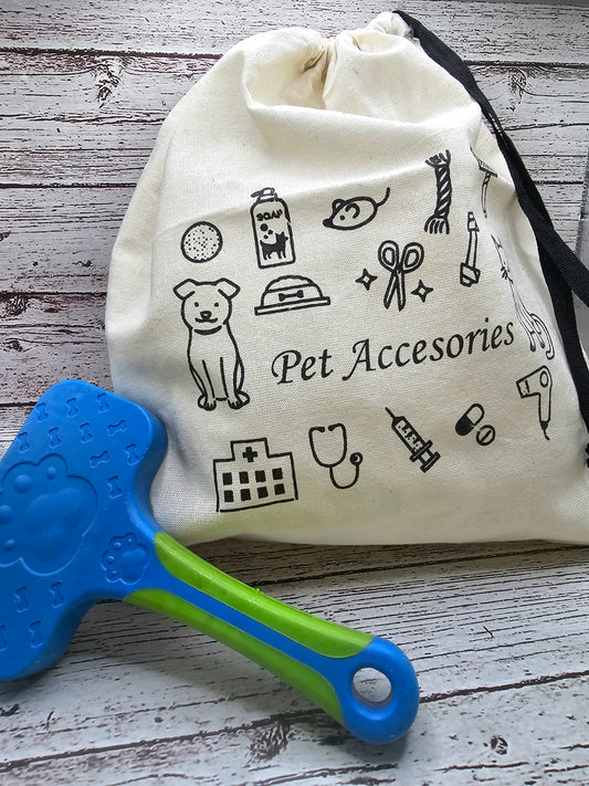 A cotton pet accessory bag ready to keep all your pet toys