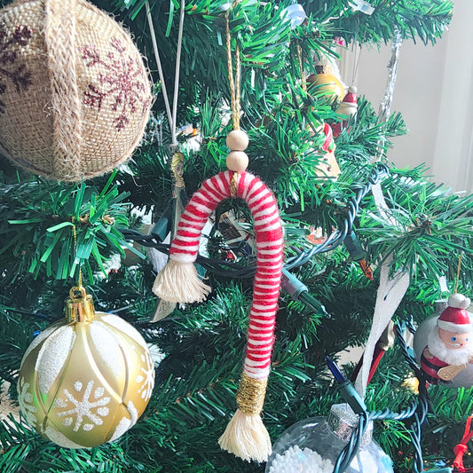 Handmade macrame candy cane Christmas ornament