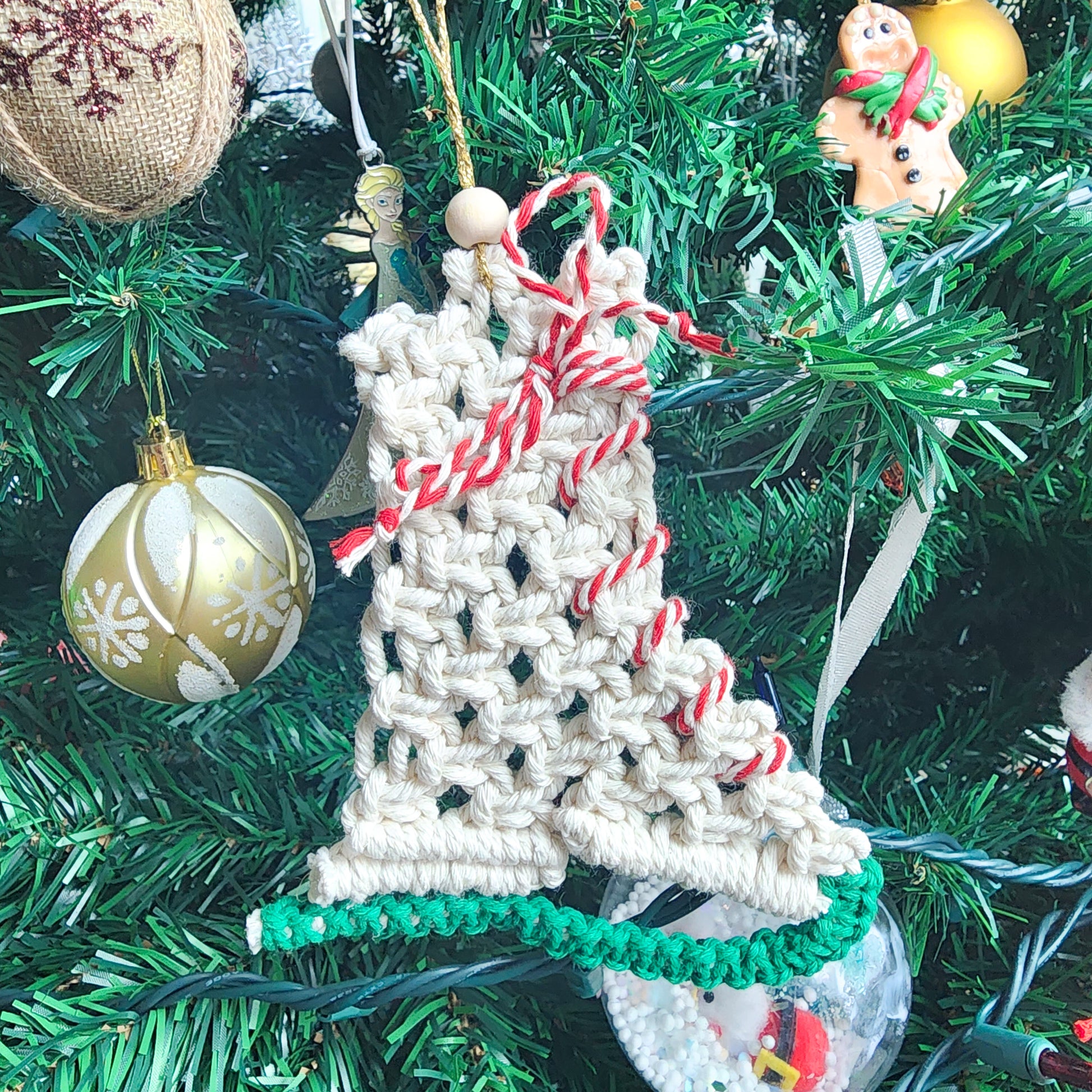 Handmade macrame ice skate Christmas ornament