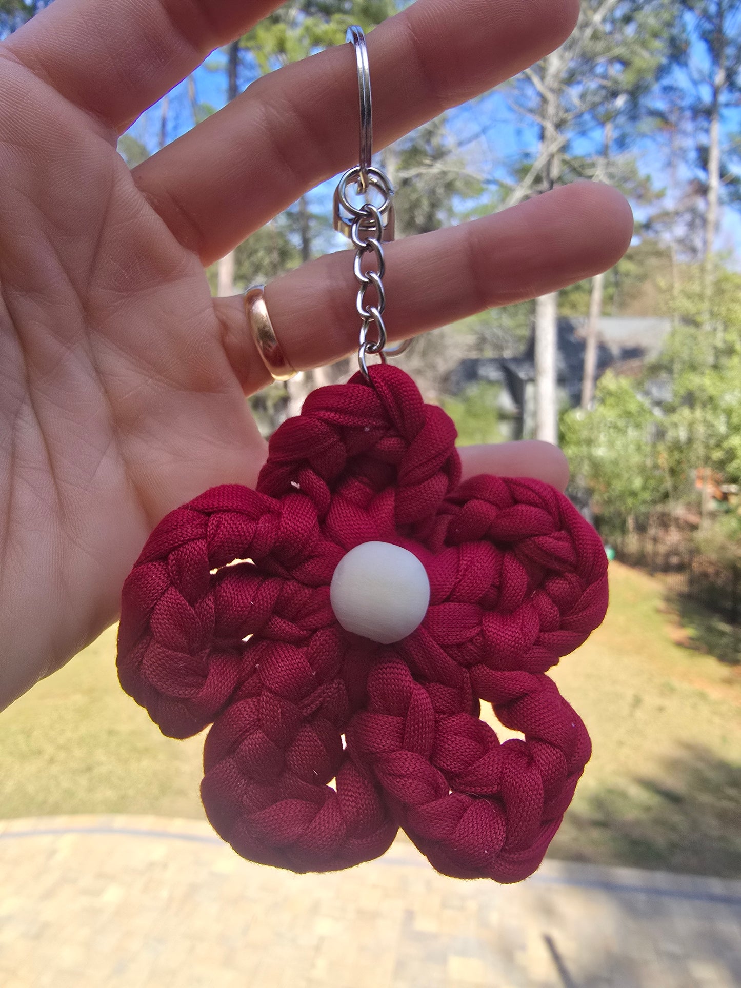 Tshirt yarn flower keychain handmade accessory