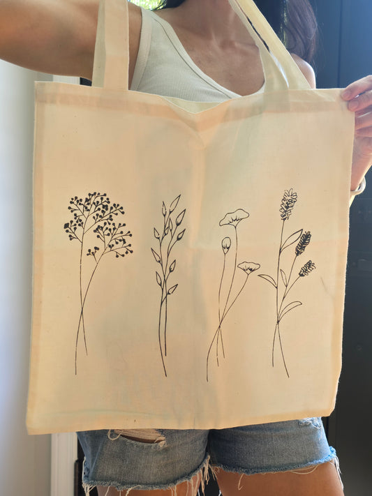 Cotton tote bag with floral print designs.