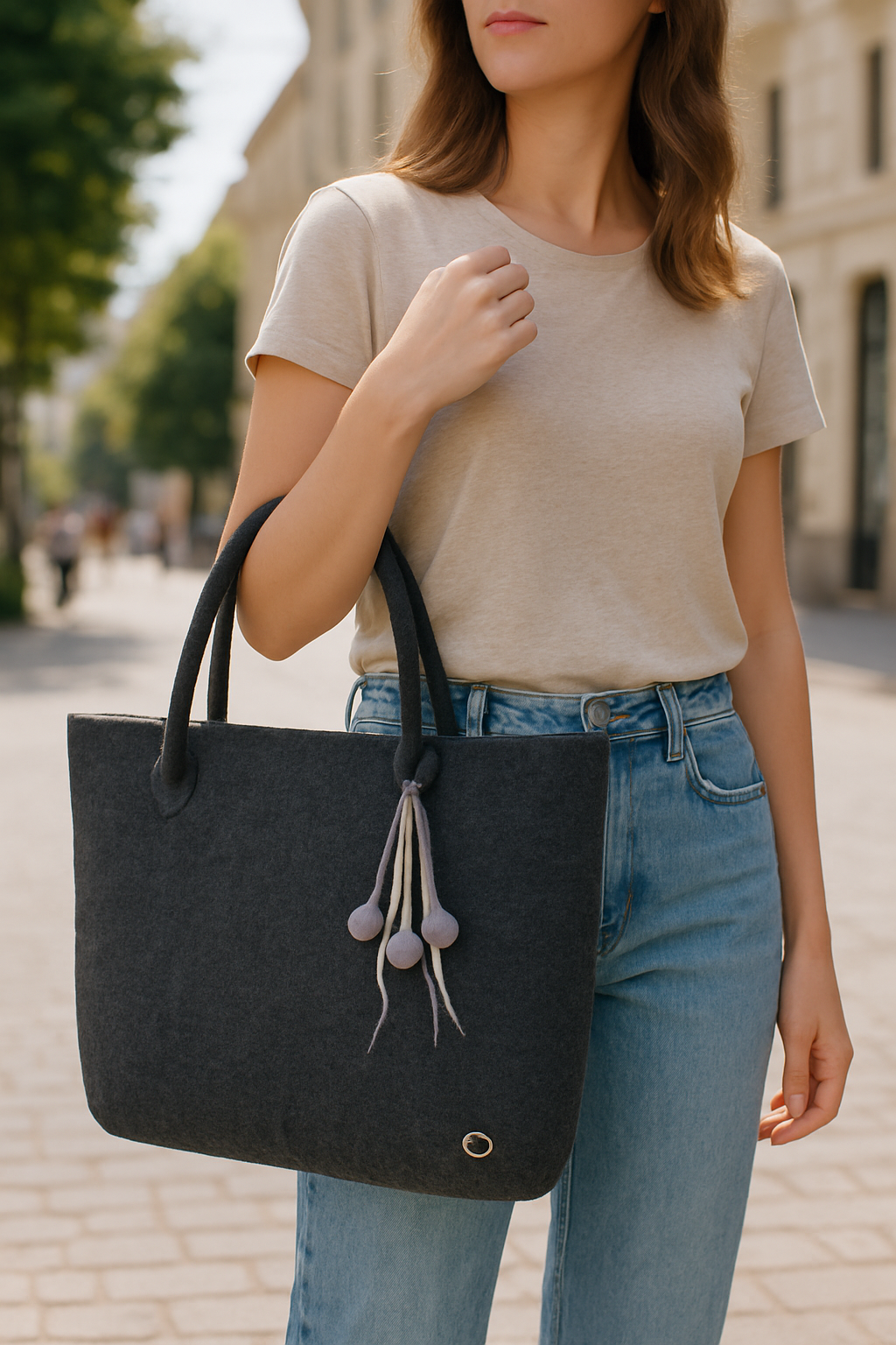 Interior view of handmade felt handbag showing soft Merino wool and minimalist Patagonia design.