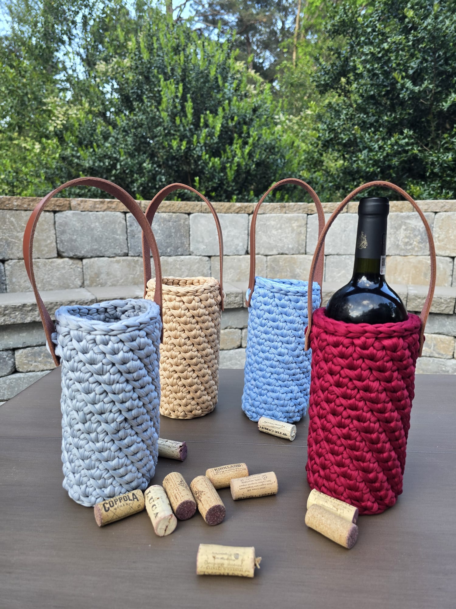 Handmade crochet wine holder with leather handle – eco-friendly gift for him or her.