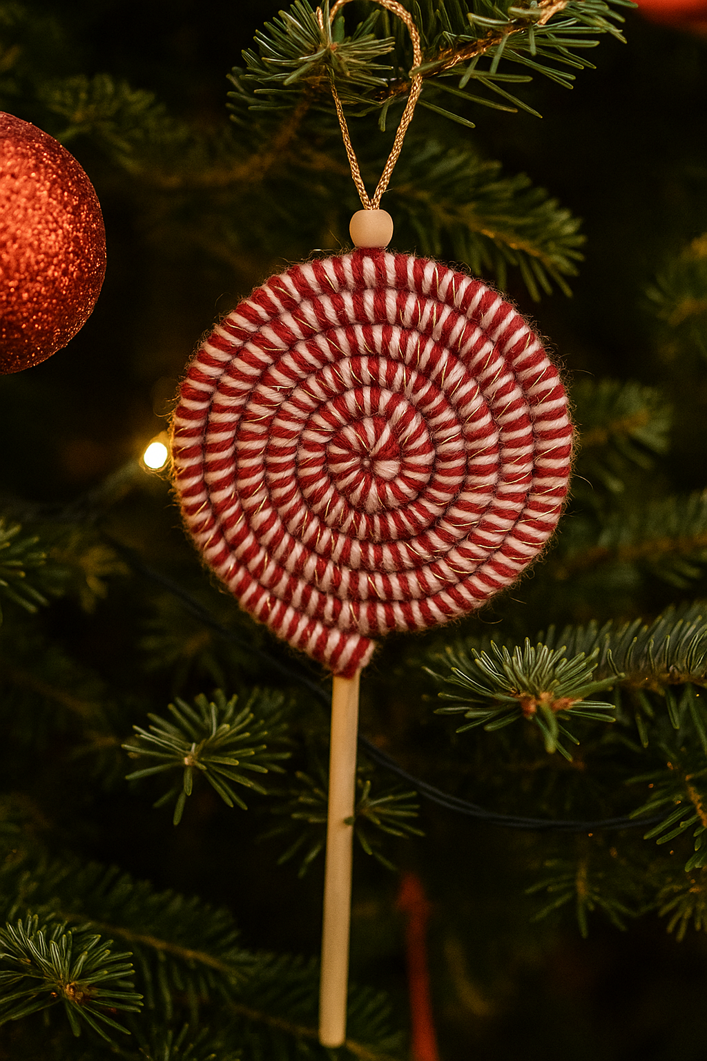Close-up of handcrafted candy cane ornament made of cotton and wool, perfect for Christmas tree or gift tag.