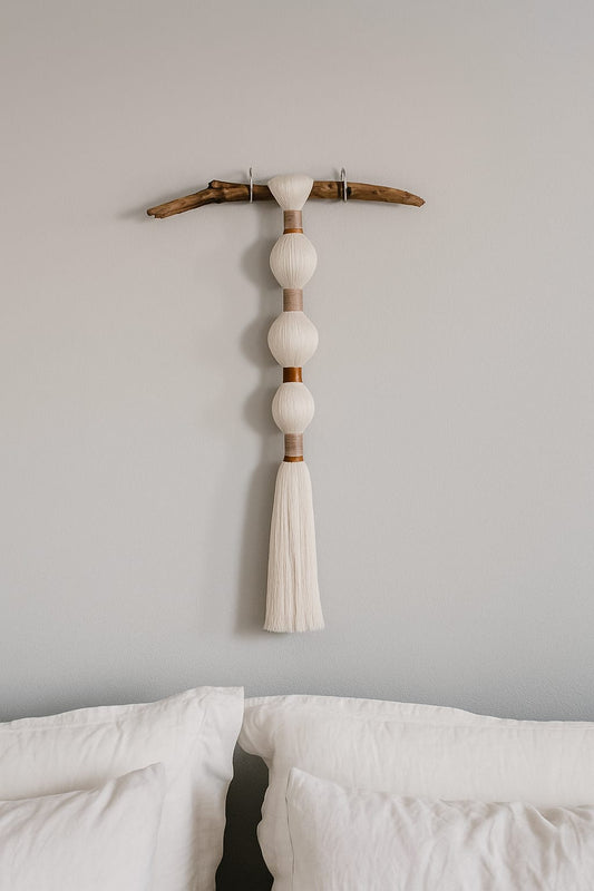 Minimal recycled cotton wall hanging with natural wood branch, handmade neutral boho wall decor